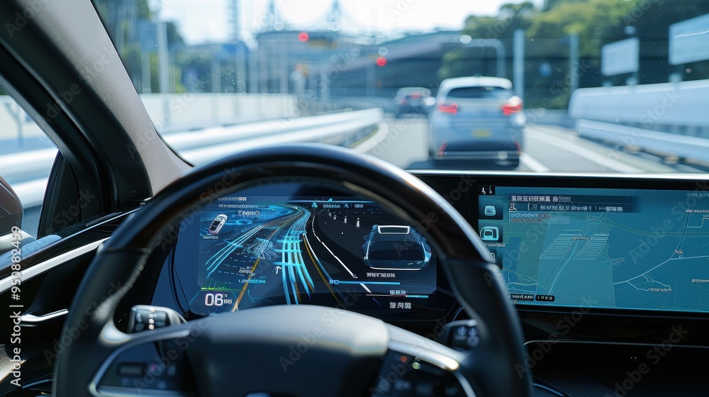 Autonomous self driving car showing navigation system on dashboard Autonomous self driving car showing navigation system on dashboard