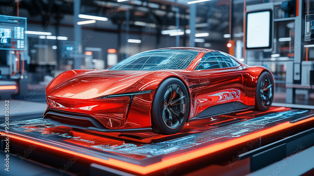 virtual car on the platform, AR augmented reality car design mock-up in R&D center room