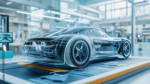 virtual car on the platform, AR augmented reality car design mock-up in R&D center room