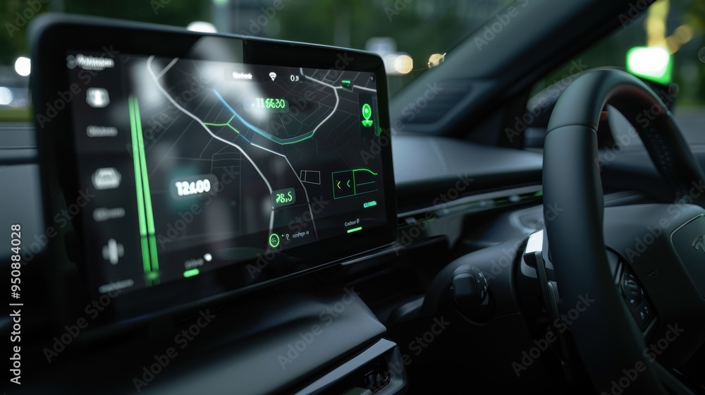 Modern car showing gps navigation system on digital screen while driving Modern car showing gps navigation system on digital screen while driving