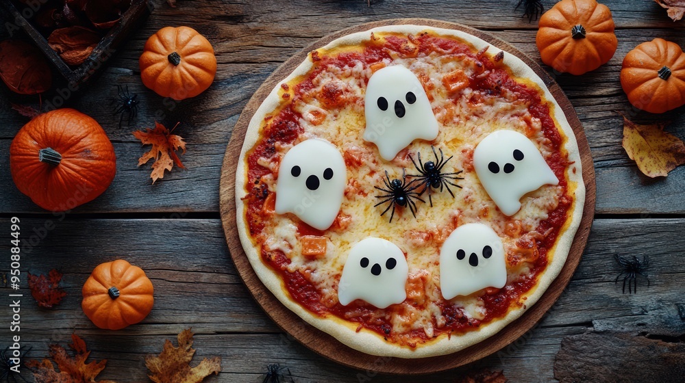 A Halloween pizza with ghost-shaped mozzarella cheese, surrounded by pumpkins, spiders, and leaves. A Halloween pizza with ghost-shaped mozzarella cheese, surrounded by pumpkins, spiders, and leaves.