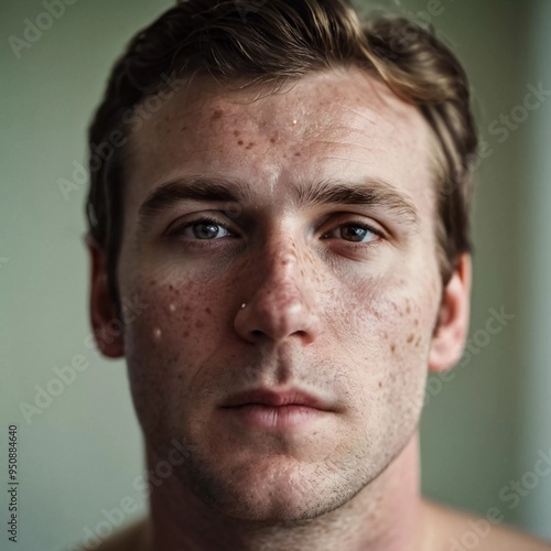 A close-up of a man showing a rash on his face with pimple spots, highlighting skin condition in a well-lit indoor setting. Generative AI. Monkey pox