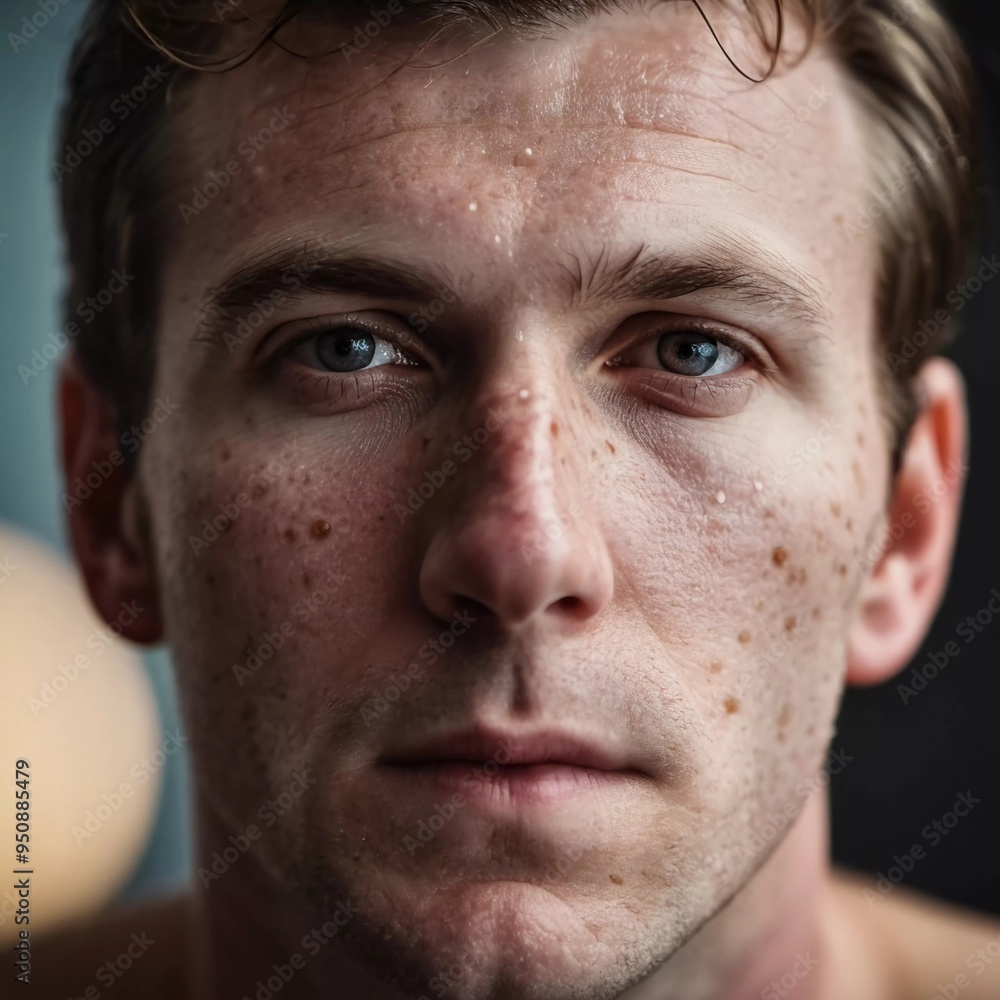 Obraz premium A close-up of a man showing a rash on his face with pimple spots, highlighting skin condition in a well-lit indoor setting. Generative AI. Monkey pox