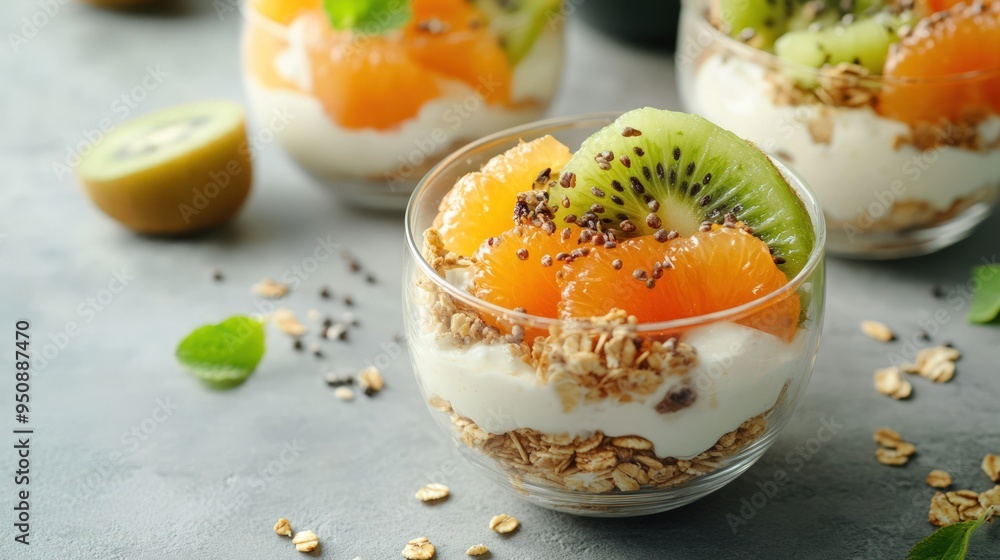 A delicious parfait with layers of granola, yogurt, mandarin oranges, kiwi, and chia seeds. A delicious parfait with layers of granola, yogurt, mandarin oranges, kiwi, and chia seeds.