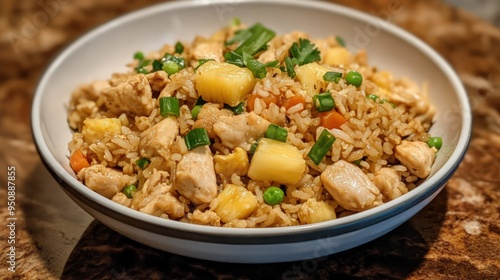 A bowl of pineapple chicken fried rice with green onions and peas on a wooden table.