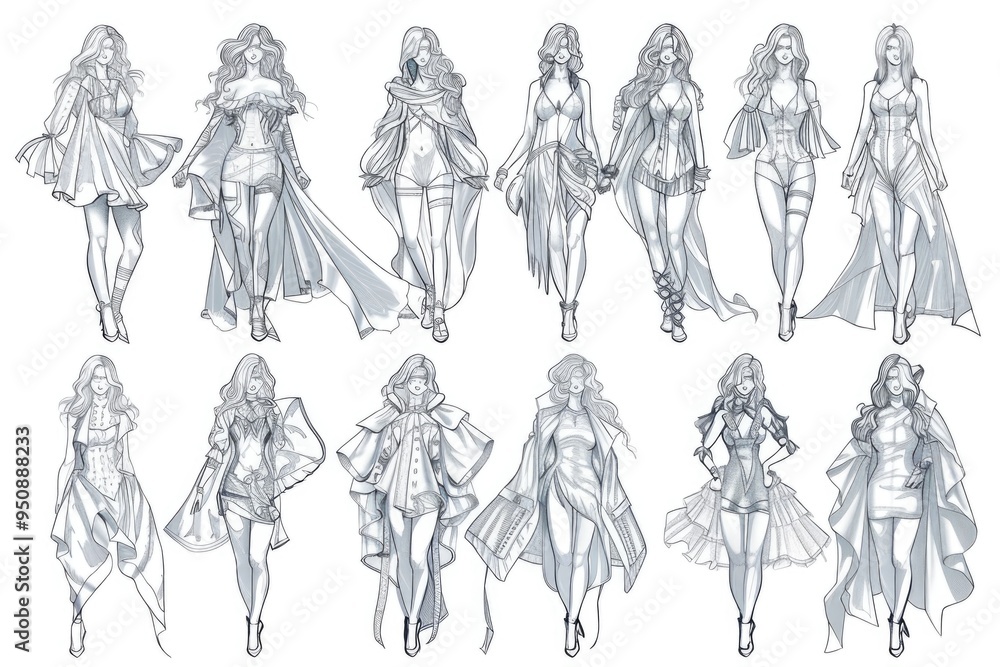 Fashion design illustrations with various clothing styles