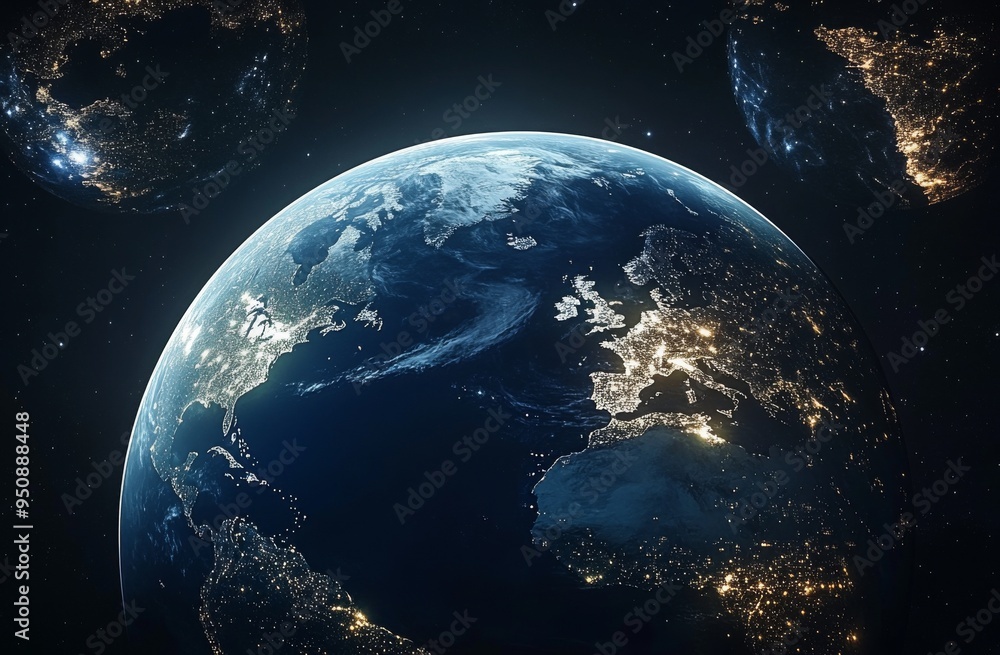 Realistic Image of Earth from Space with City Lights Illuminating Urban Areas, Symbolizing Hope, Unity, and the Future of an Advanced Civilization Against the Backdrop of a Starry Night Sky Realistic Image of Earth from Space with City Lights Illuminating Urban Areas, Symbolizing Hope, Unity, and the Future of an Advanced Civilization Against the Backdrop of a Starry Night Sky