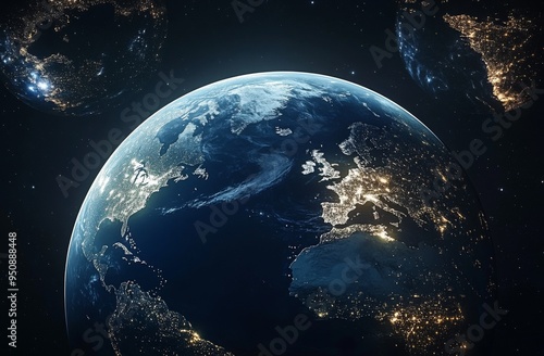 Realistic Image of Earth from Space with City Lights Illuminating Urban Areas, Symbolizing Hope, Unity, and the Future of an Advanced Civilization Against the Backdrop of a Starry Night Sky