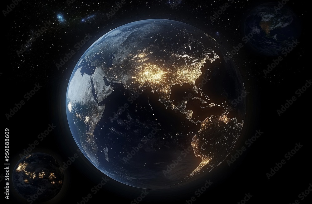 Fototapeta premium Realistic Image of Earth from Space with City Lights Illuminating Urban Areas, Symbolizing Hope, Unity, and the Future of an Advanced Civilization Against the Backdrop of a Starry Night Sky