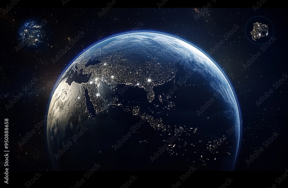 Fototapeta premium Realistic Image of Earth from Space with City Lights Illuminating Urban Areas, Symbolizing Hope, Unity, and the Future of an Advanced Civilization Against the Backdrop of a Starry Night Sky