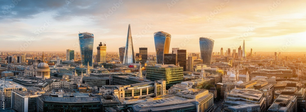 Fototapeta premium Panoramic View of London Skyline at Golden Hour with Modern Skyscrapers and High-Rise Buildings, Capturing the Cinematic Urban Landscape of the City Center