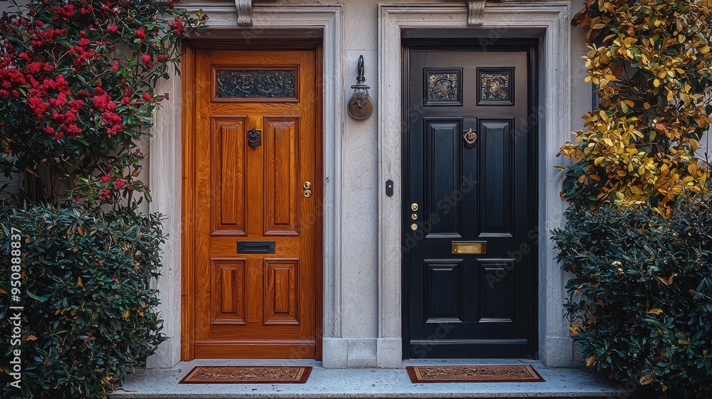 Ornate Wooden Doors with Holiday Decor Ornate Wooden Doors with Holiday Decor