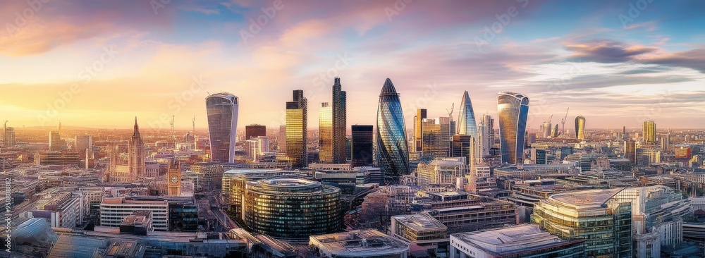 Naklejka premium Panoramic View of London Skyline at Golden Hour with Modern Skyscrapers and High-Rise Buildings, Capturing the Cinematic Urban Landscape of the City Center