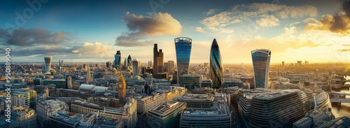 Panoramic View of London Skyline at Golden Hour with Modern Skyscrapers and High-Rise Buildings, Capturing the Cinematic Urban Landscape of the City Center