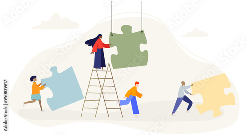 People rearranging puzzles. People, puzzles, ladder. Vector illustration on a transparent background.