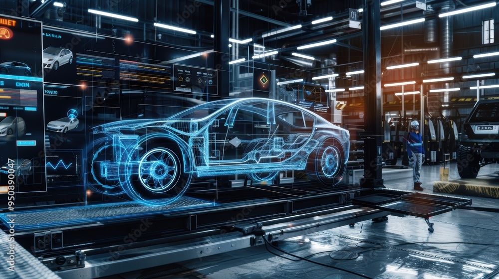 Automotive engineer using augmented reality software, reviewing electric car 3d model at a modern high tech vehicle factory Automotive engineer using augmented reality software, reviewing electric car 3d model at a modern high tech vehicle factory