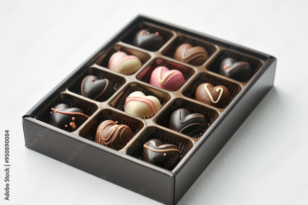 Box of assorted chocolates on a clean white surface, ideal for advertising or packaging designs Box of assorted chocolates on a clean white surface, ideal for advertising or packaging designs