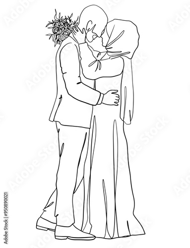 Muslim wedding couple vector outline. Continuous line of the Bride with flowers in hijab and bald groom hug each other. Design for wedding invitations, greeting cards, web designs.