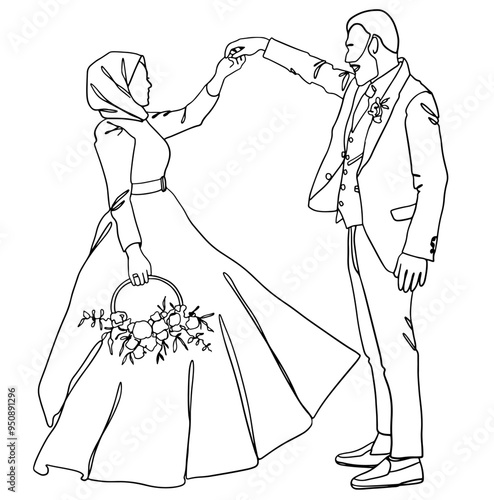 Muslim wedding couple vector outline. Continuous line illustration of the Bride with flowers and hijab in wedding dress and groom in suit. Design for wedding invitations, greeting cards, web designs.