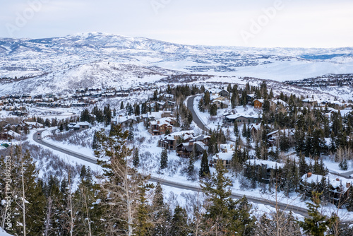 Looking down Deer Valley resort, snow covered neighborhood, Park City, UT, USA, February 3, 2023 photo