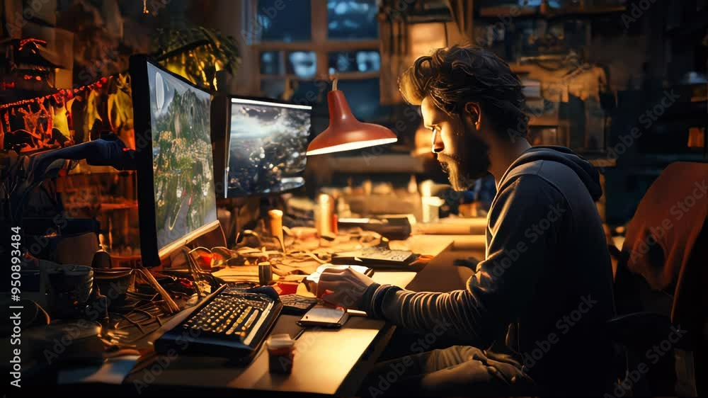 A focused programmer working on code on multiple monitors at night A focused programmer working on code on multiple monitors at night