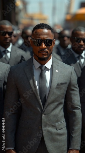 A South African businessman leads a group of bodyguards in suits and sunglasses through an urban setting. photo