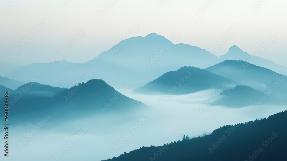 Misty mountain range with a soft blue hue at dawn. Misty mountain range with a soft blue hue at dawn.