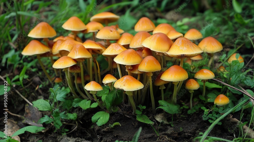 A cluster of small, orange mushrooms growing in a patch of green grass and brown soil. A cluster of small, orange mushrooms growing in a patch of green grass and brown soil.