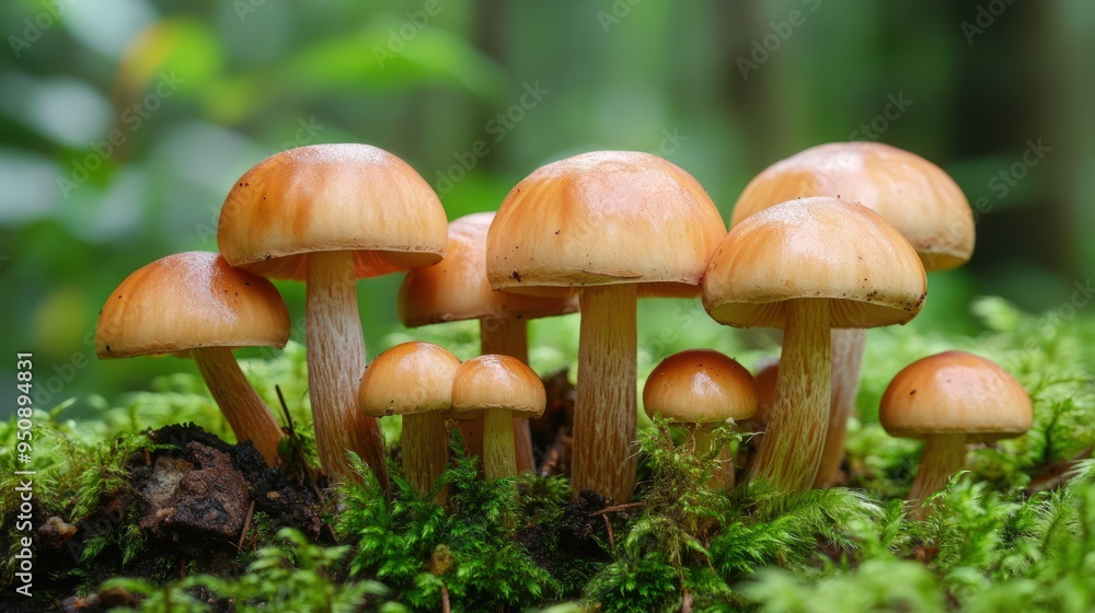 A group of small, brown mushrooms growing on a bed of green moss. A group of small, brown mushrooms growing on a bed of green moss.