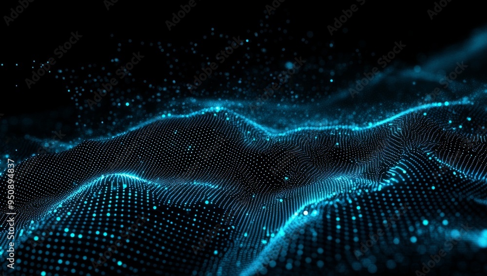 Abstract Blue Digital Background Featuring Glowing Dots and Waves on a Black Space, Representing an AI Technology Concept Abstract Blue Digital Background Featuring Glowing Dots and Waves on a Black Space, Representing an AI Technology Concept