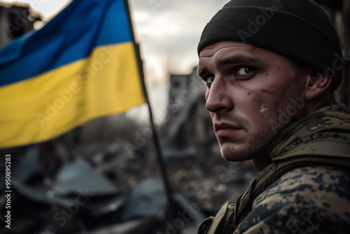 Soldier in a war zone with Ukrainian flag photo