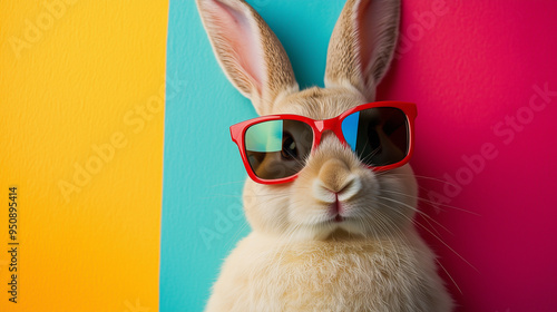 Rabbit wearing red sunglasses on colorful background photo