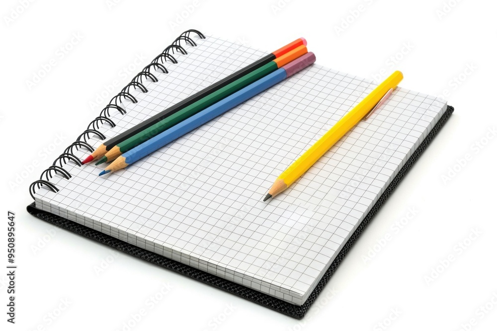 A notebook with two colored pencils on top A notebook with two colored pencils on top