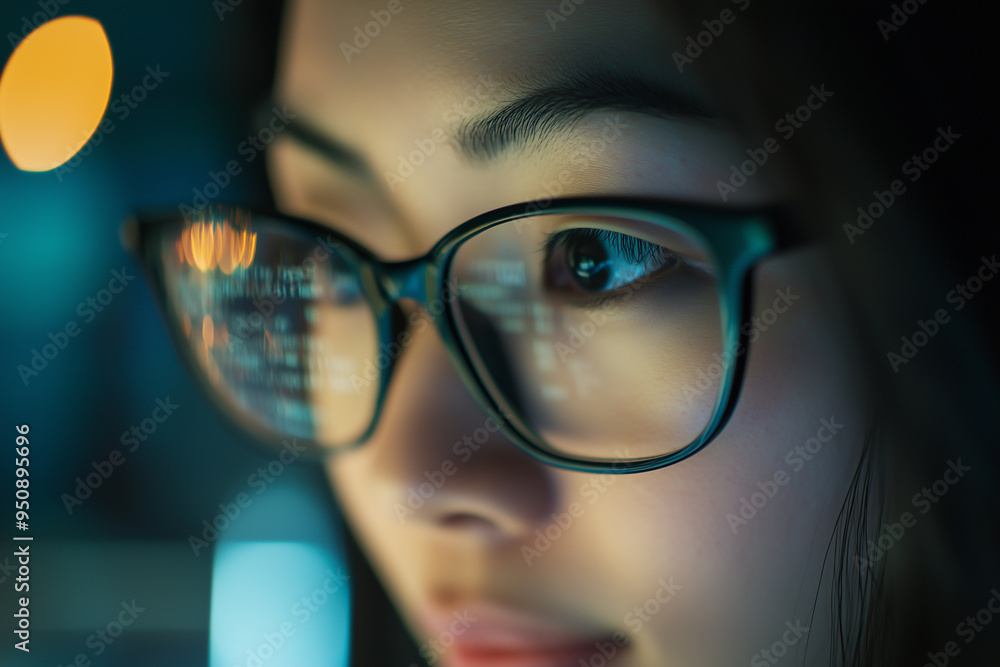 Asian woman wearing glasses concentrating on a screen Asian woman wearing glasses concentrating on a screen