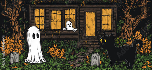 Spooky Halloween scene with ghosts, a black cat, and a haunted house surrounded by gravestones, set in a dark, eerie forest