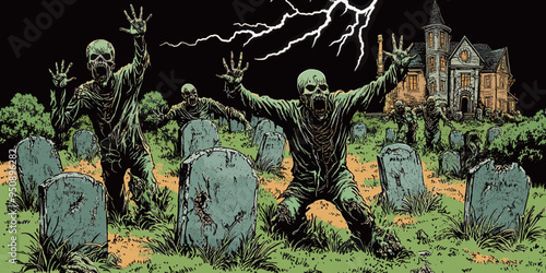 Zombies rising from graves in a haunted cemetery with lightning striking, creating a terrifying and classic horror scene near an old church