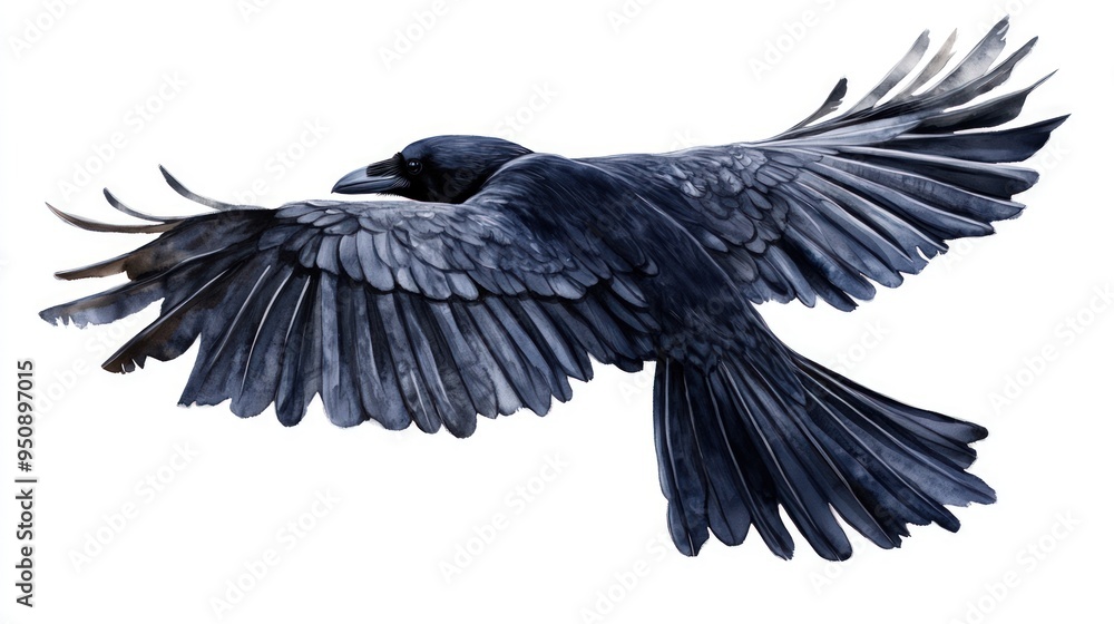 Fototapeta premium A black crow in flight, with its wings spread wide, isolated on a white background.