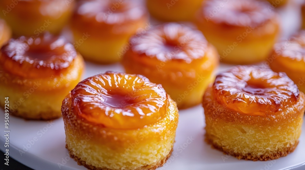 Close-up of a group of small pineapple upside-down cakes, arranged on a white plate. Close-up of a group of small pineapple upside-down cakes, arranged on a white plate.