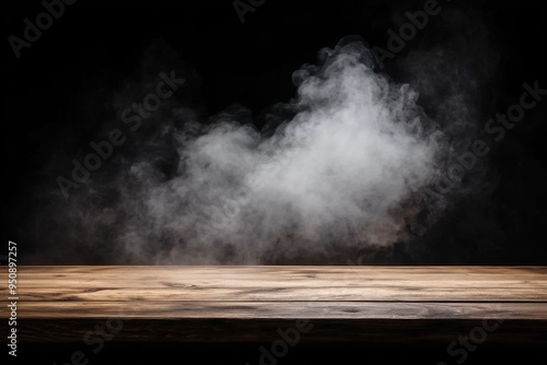 Wooden Table with Rising Smoke Against a Black Background, Creating a Mysterious and Intriguing Atmosphere - Perfect for a Web Banner with Copy Space on the Right