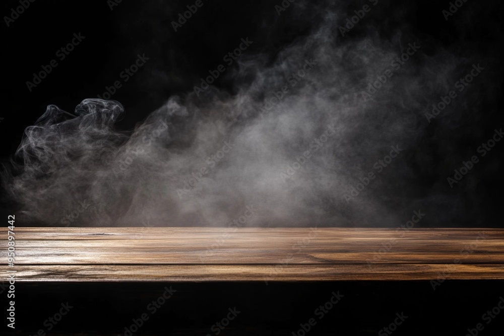 Wooden Table with Rising Smoke Against a Black Background, Creating a Mysterious and Intriguing Atmosphere - Perfect for a Web Banner with Copy Space on the Right