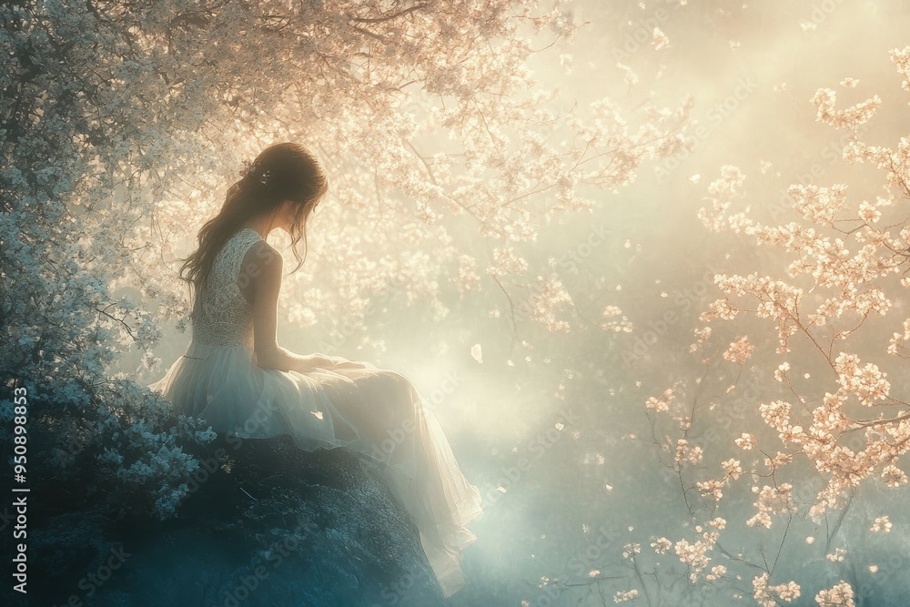 Solitary Woman in a White Dress Surrounded by Cherry Blossoms Solitary Woman in a White Dress Surrounded by Cherry Blossoms