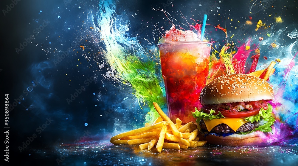 Vibrant and Colorful Fast Food Menu Displayed in a Modern Restaurant Setting Vibrant and Colorful Fast Food Menu Displayed in a Modern Restaurant Setting