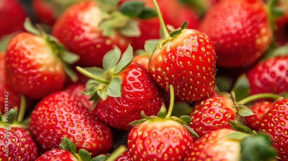 Close-up shot of fresh ripe red strawberries with green leaves. Close-up shot of fresh ripe red strawberries with green leaves.