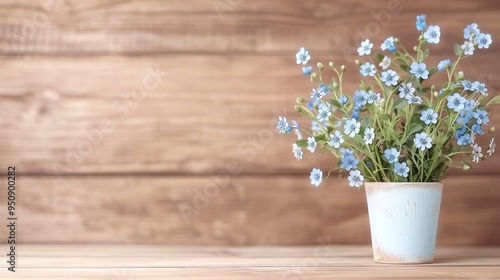 Wallpaper Mural Rustic wood background with blue forget-me-nots in a white vase, perfect for minimalist banners, floral marketing materials, and nature-inspired event designs. Ample copy space for text, ideal for soc Torontodigital.ca