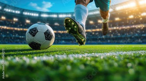 Professional Soccer Player Kicking Ball on Grass Field in Stadium with Spectators