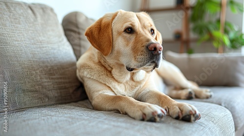 Labrador Retriever dog lying on a contemporary couch in a living room picture