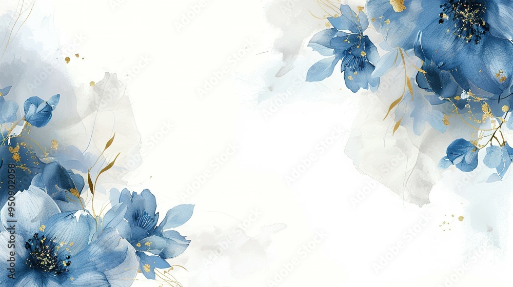 Watercolor Painting of Blue Flowers with Gold Accents