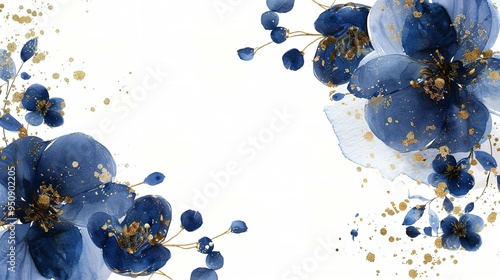 Fototapeta Naklejka Na Ścianę i Meble -  Watercolor Blue Flowers with Gold Glitter on White Background