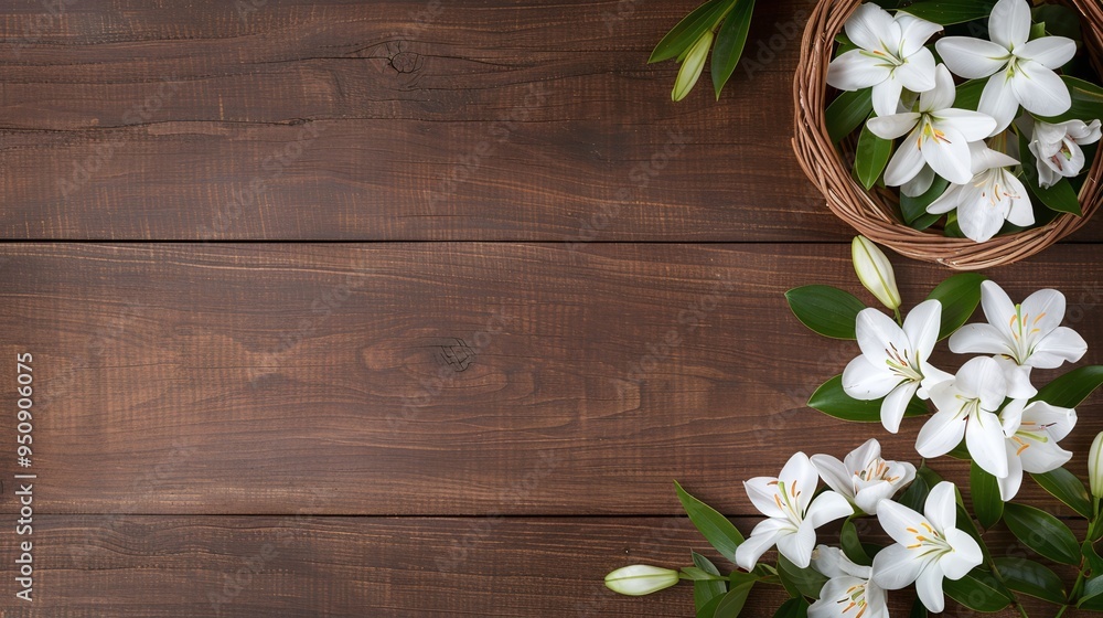 White lilies in wicker basket on rustic wooden background with ample copy space, perfect for banners, marketing materials, and natural, elegant designs. A harmonious blend of rustic and refined elemen White lilies in wicker basket on rustic wooden background with ample copy space, perfect for banners, marketing materials, and natural, elegant designs. A harmonious blend of rustic and refined elemen
