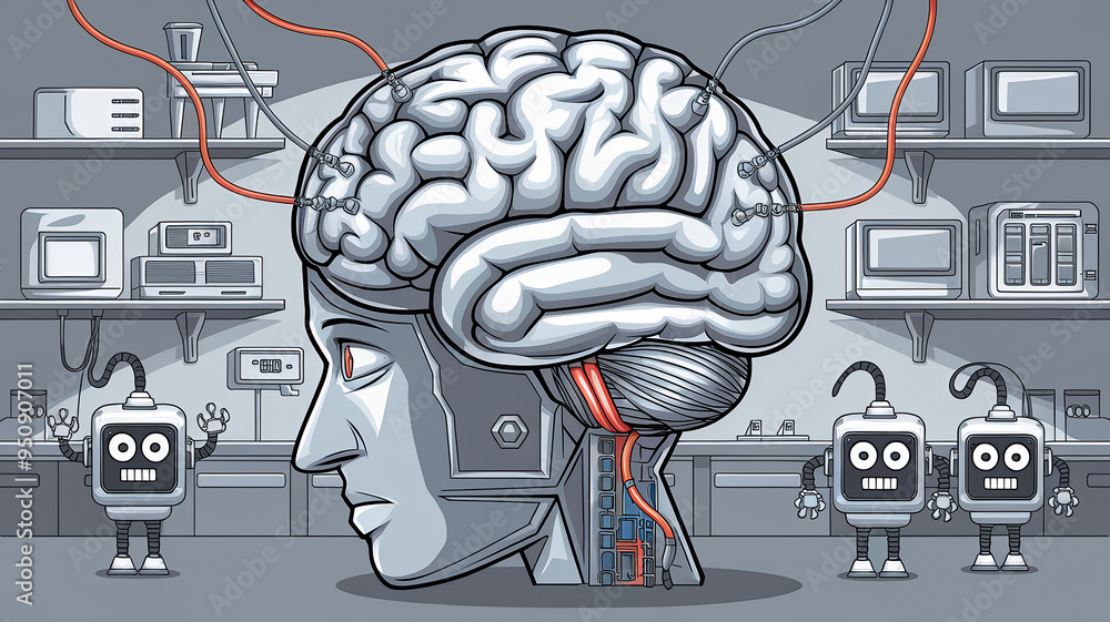 computer's AI mind processor. The brain has a network of wires and ...